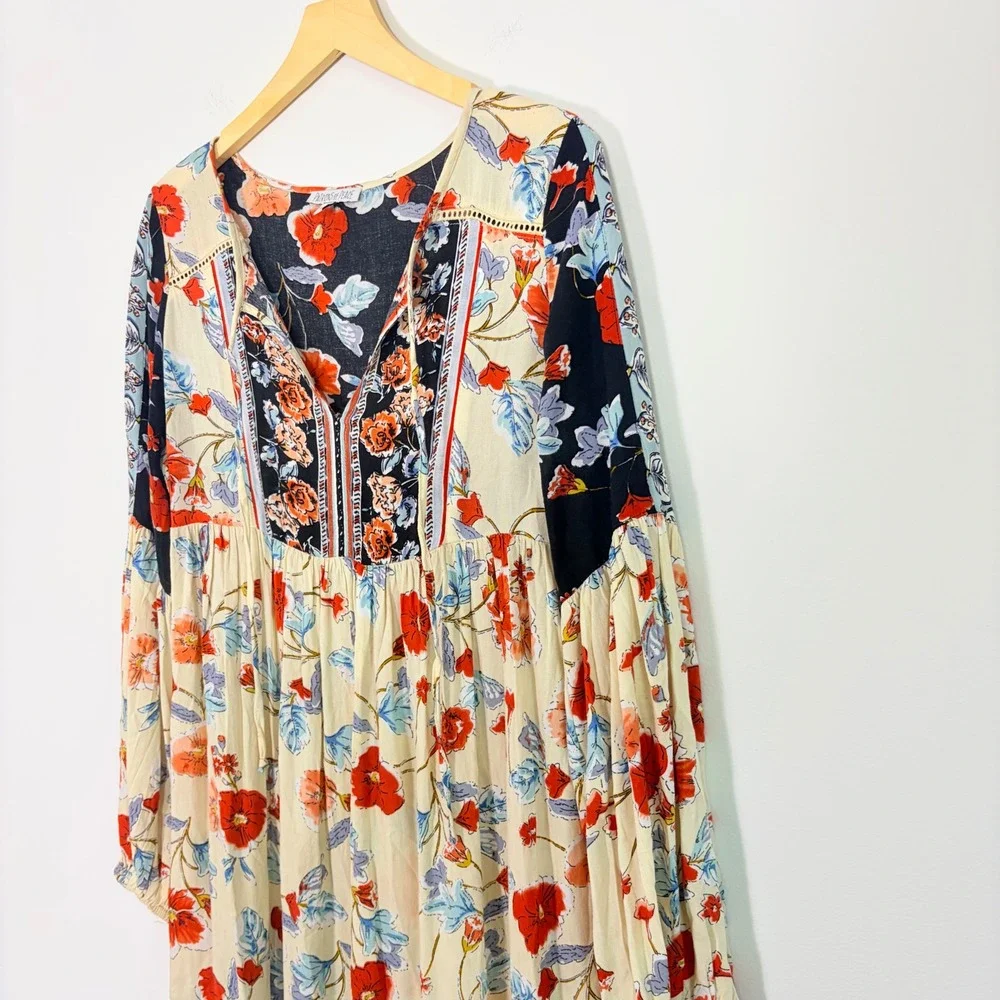 Patrons of Peace Floral Boho Mini Dress Small V-Neck Long Sleeve‎ Ruffle Hippie